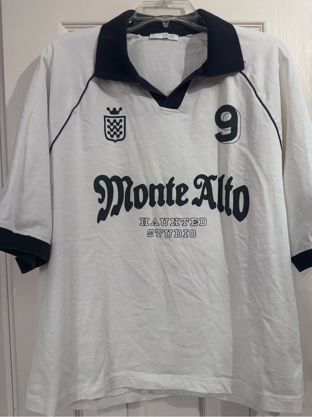 Zara White Crewneck Polo with Black Trim and Graphic